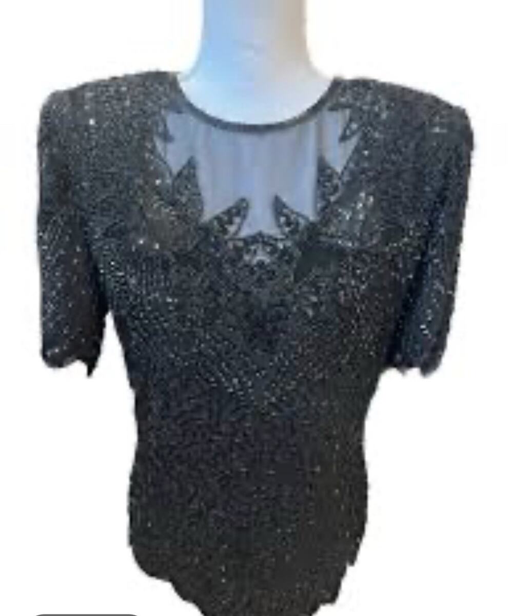 Vintage Women's Laurence Kazar Black 100% Silk Beaded Shirt Size M
